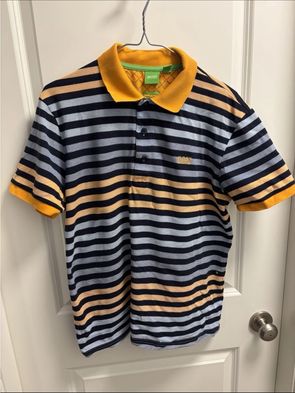 BOSS Boys Navy & Mustard Stripe Polo Shirt-Large